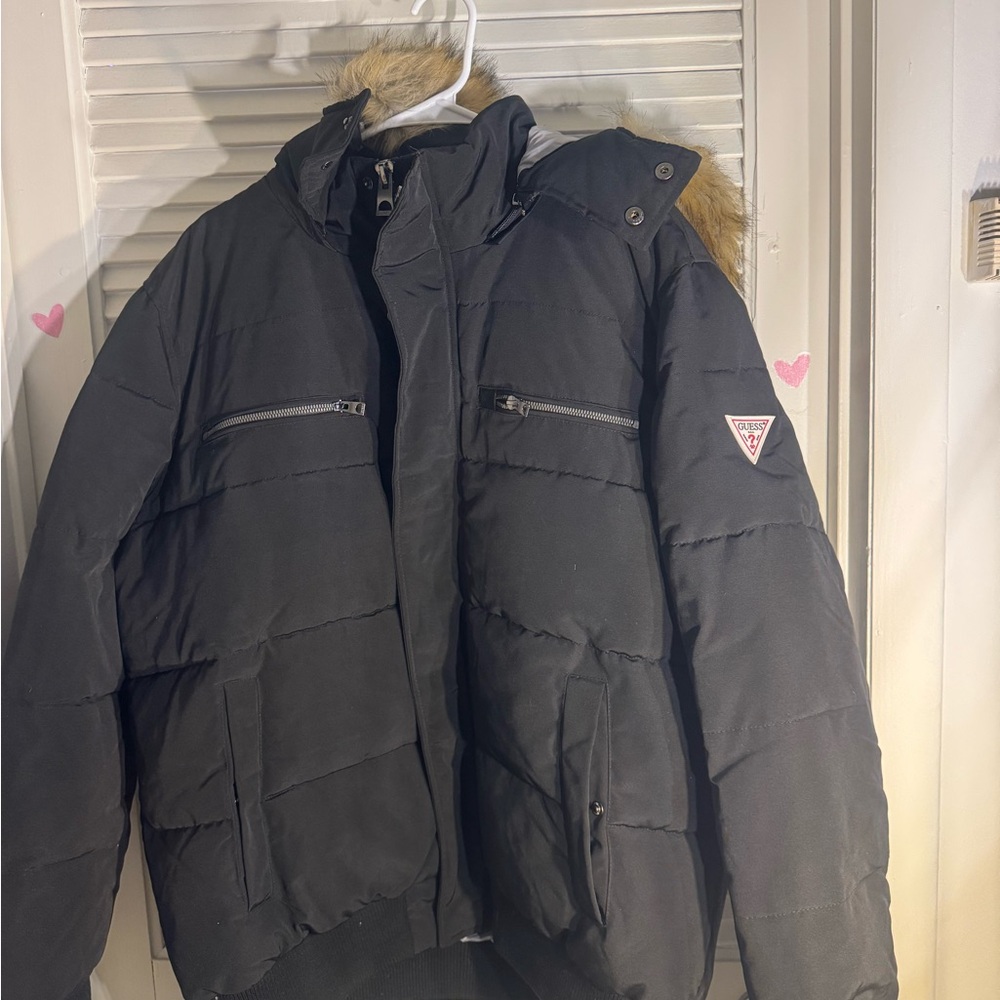 Guess Black Puffer Jacket with Faux Fur Trim